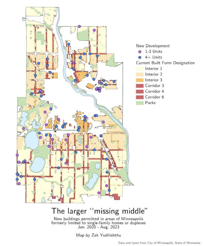 Map of "missing middle" developments in Minneapolis